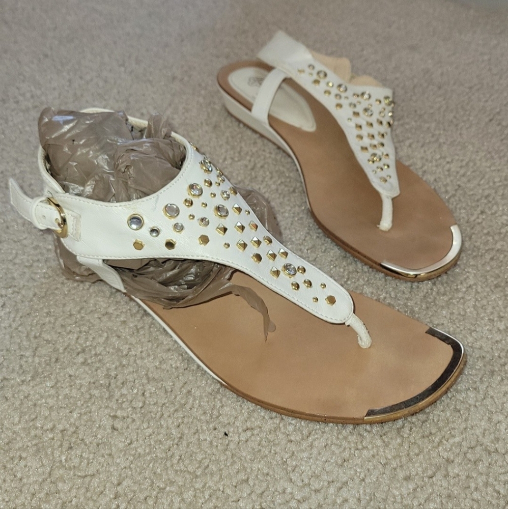 Isola Anastasia women's 7½ M white sandals with gold & silver gems studs. Gold